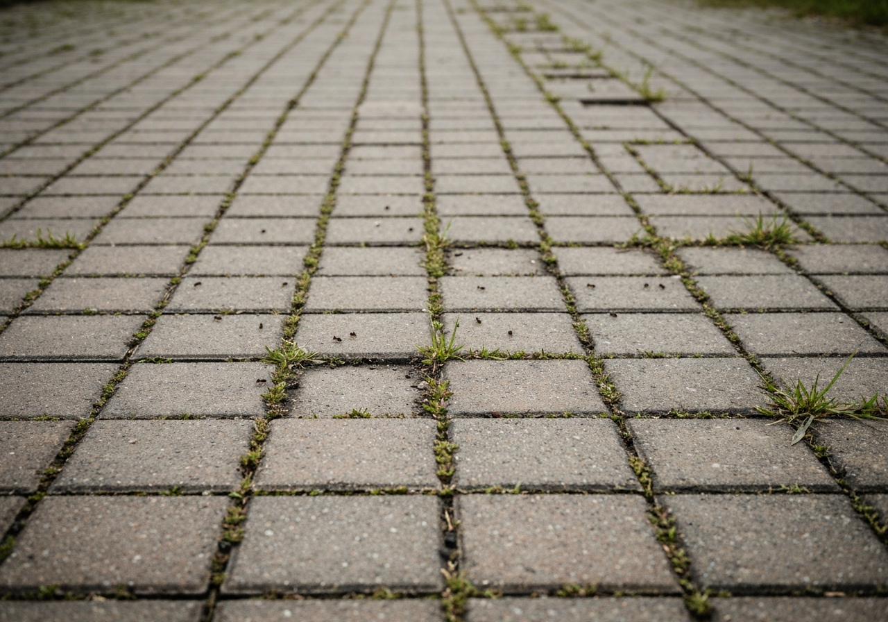 Paver walkway with washed-out empty joints, weeds and ants, loose shifting pavers
