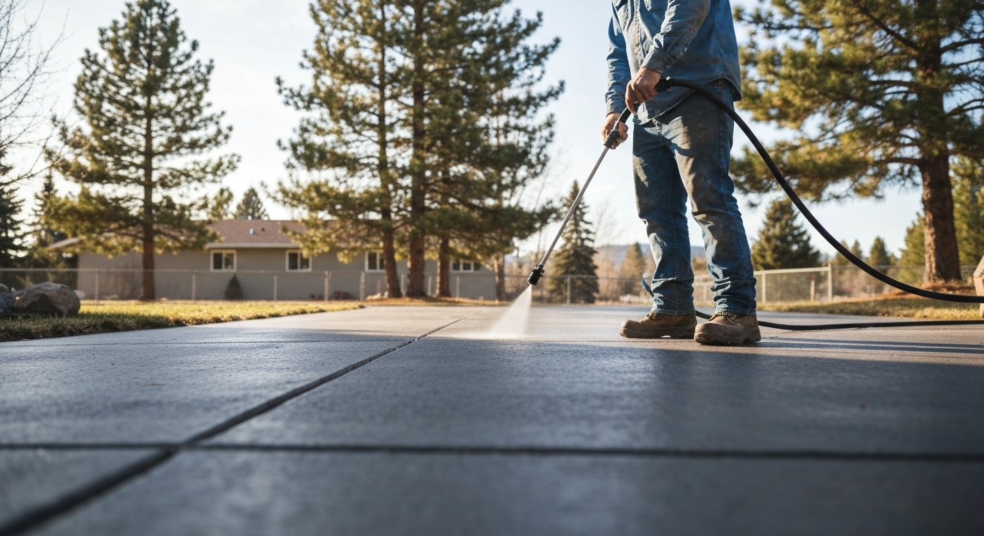 Technician applying penetrating sealer with a pump sprayer on a residential driveway