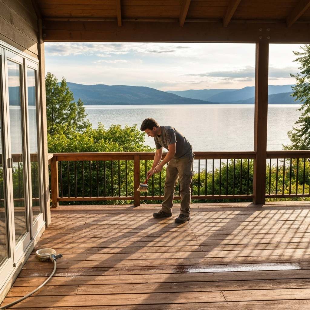 Technician cleaning and sealing a north-shore patio near Flathead Lake