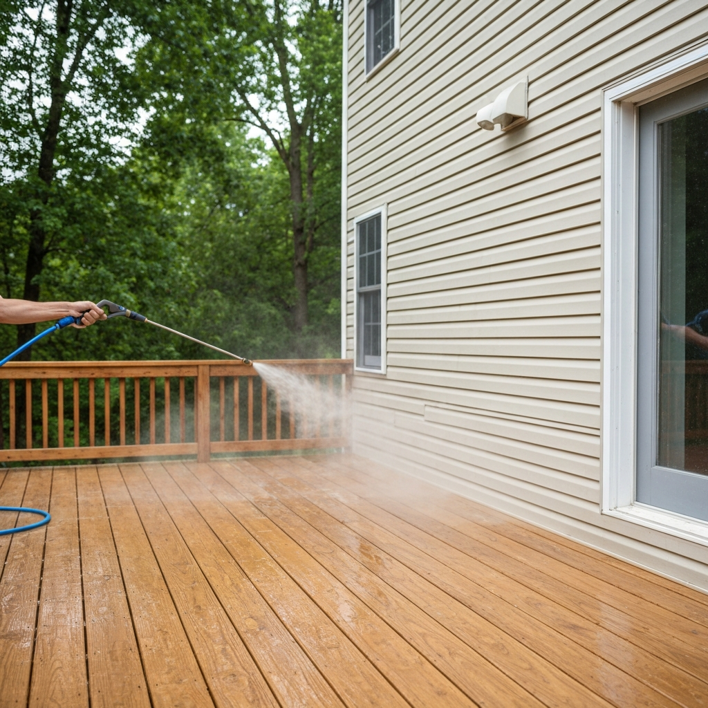 Soft-washing house siding/deck, low-pressure rinse
