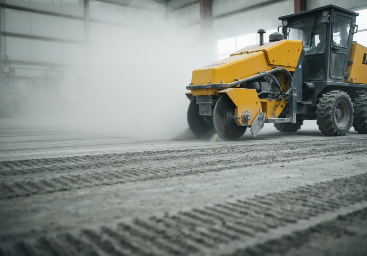 Grinder working a worn northern shop slab