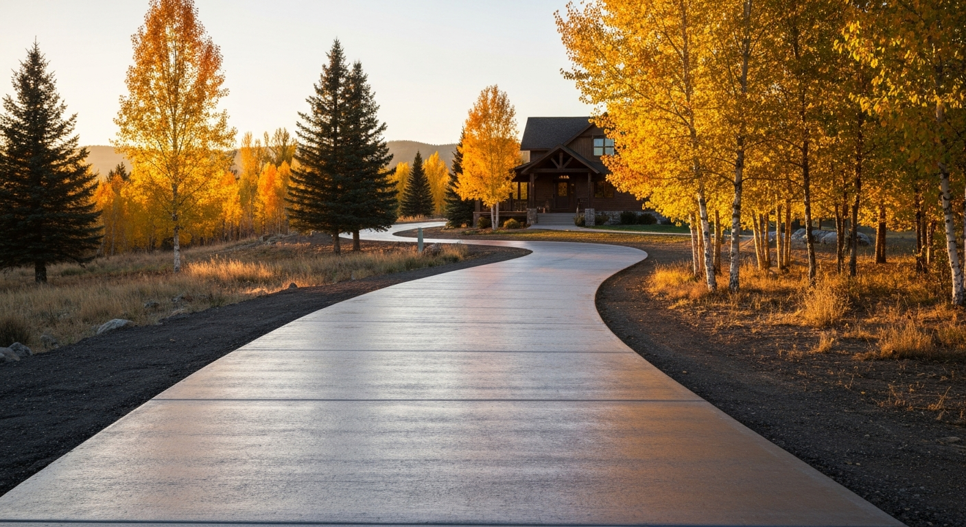 Photorealistic freshly sealed concrete driveway with subtle sheen, Montana home, autumn light