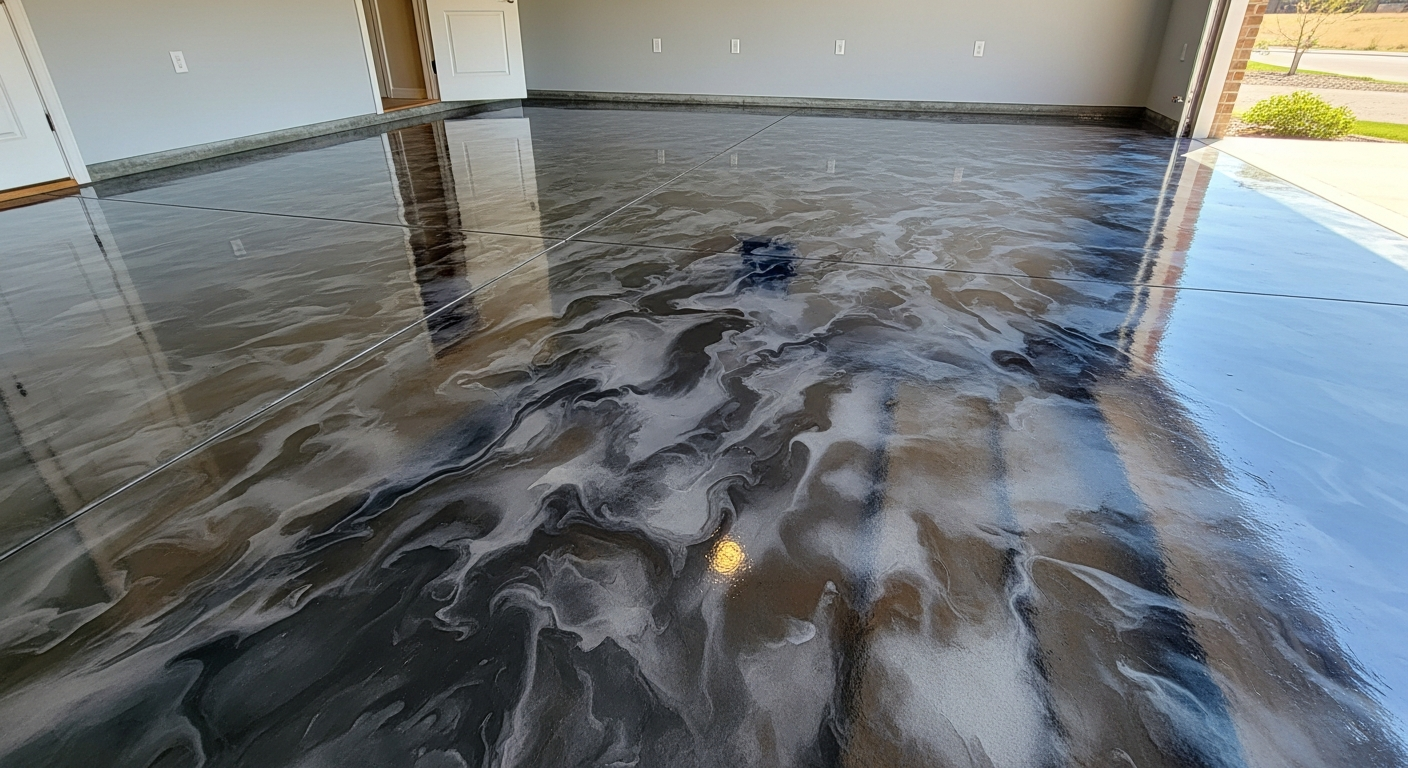 Freshly finished metallic epoxy garage floor with a deep marbled sheen in a clean residential garage