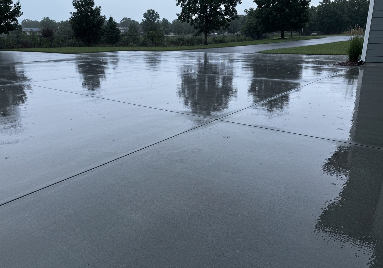 Sealed exterior driveway glistening after rain