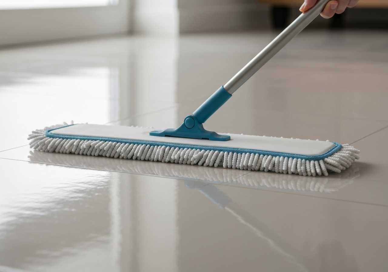Flat microfiber mop gliding across a glossy coated floor