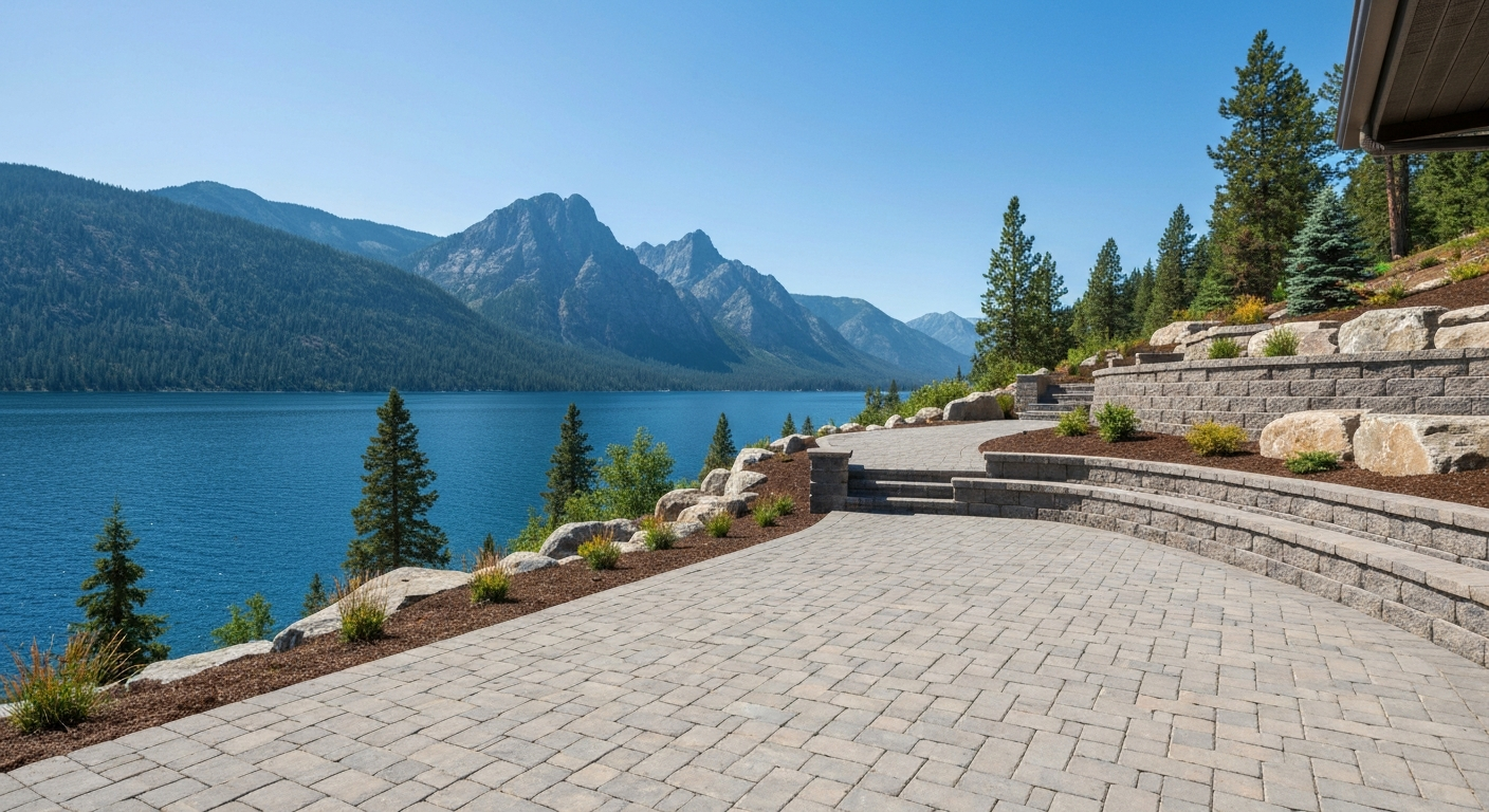Bigfork lake home landscape with paver patio facing Flathead Lake and tiered retaining walls