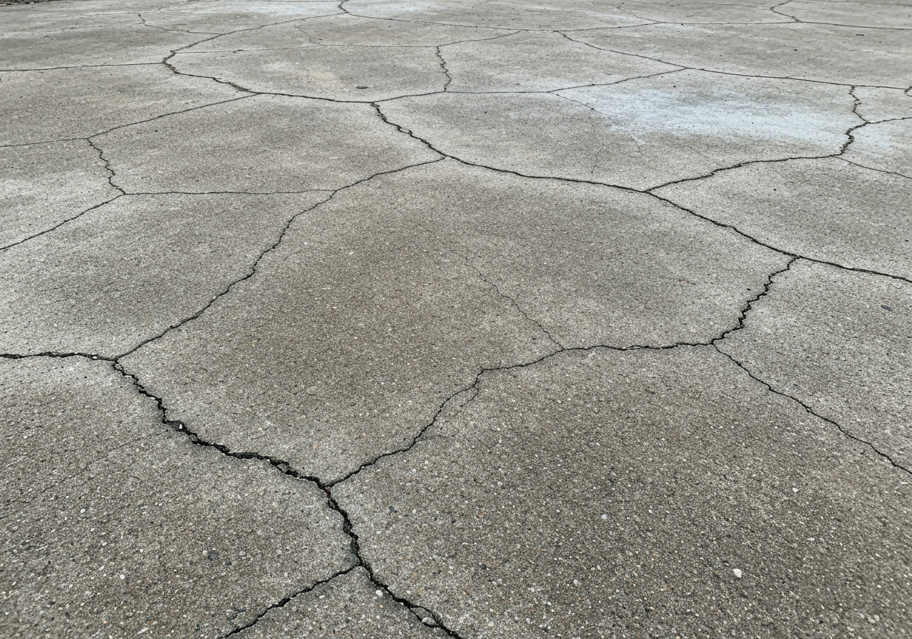 Older Eureka rural shop or cabin garage slab with dusting, surface cracks, and freeze-thaw damage