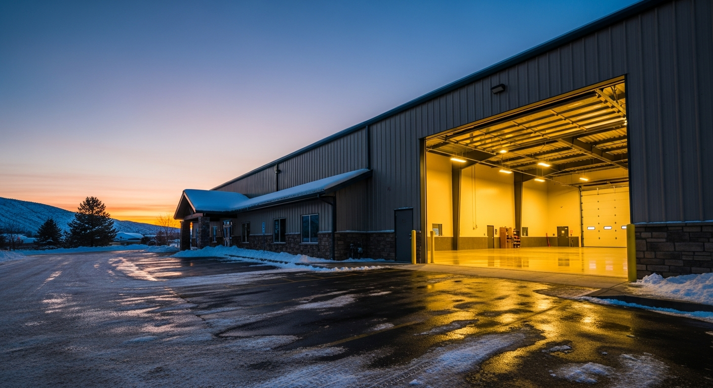 Dusk exterior of a Montana commercial building with open overhead door revealing a warm-lit, glossy coated shop floor inside