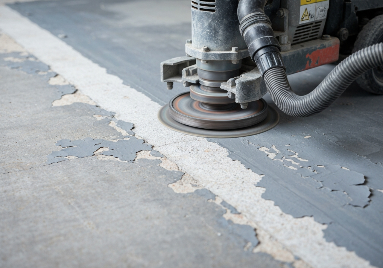 Dust-controlled diamond grinding machine stripping old peeling gray paint off a garage slab