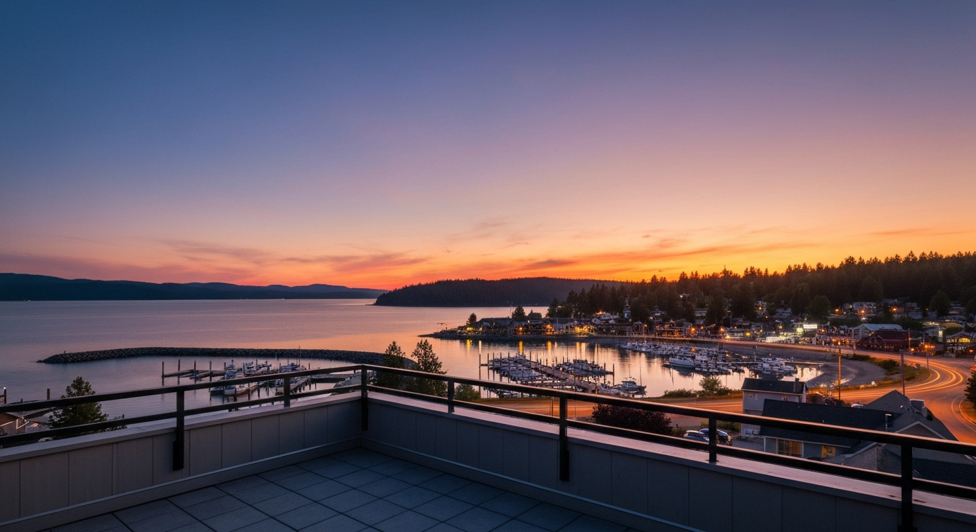 Dusk over Bigfork Bay from an elevated sealed patio, village lights along the harbor