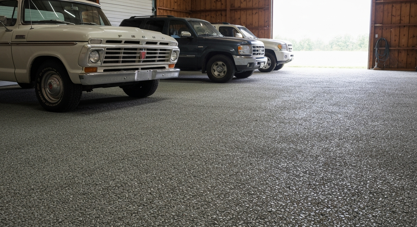 Pole-barn shop floor with chip coating and side-by-side parked