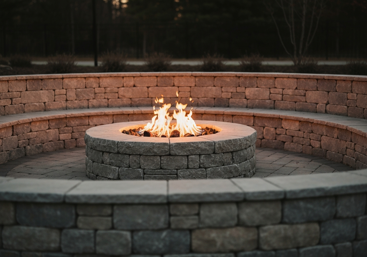 Natural-stone seating wall around a fire pit area