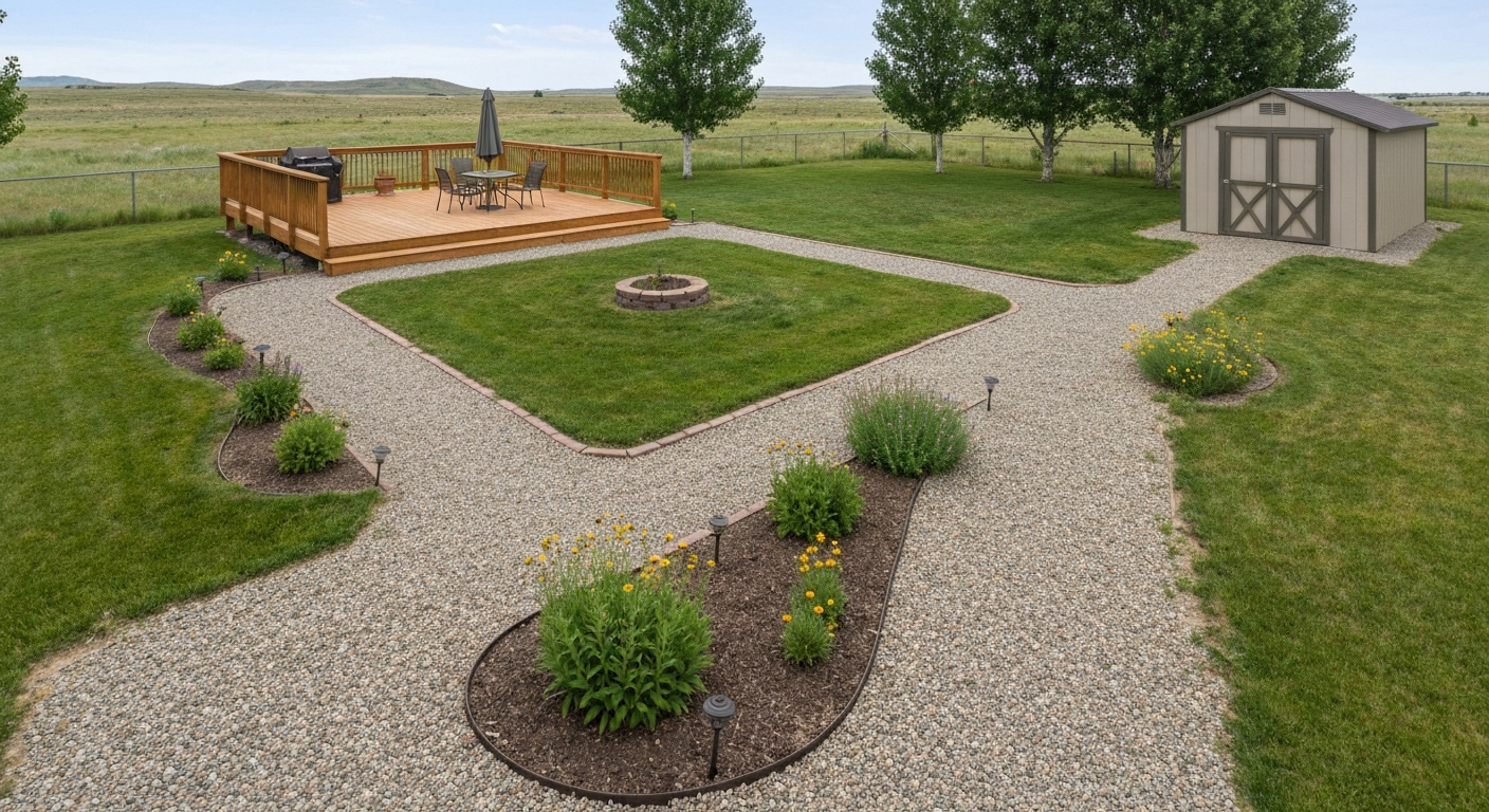 Tidy Montana acreage yard with practical hardscaping