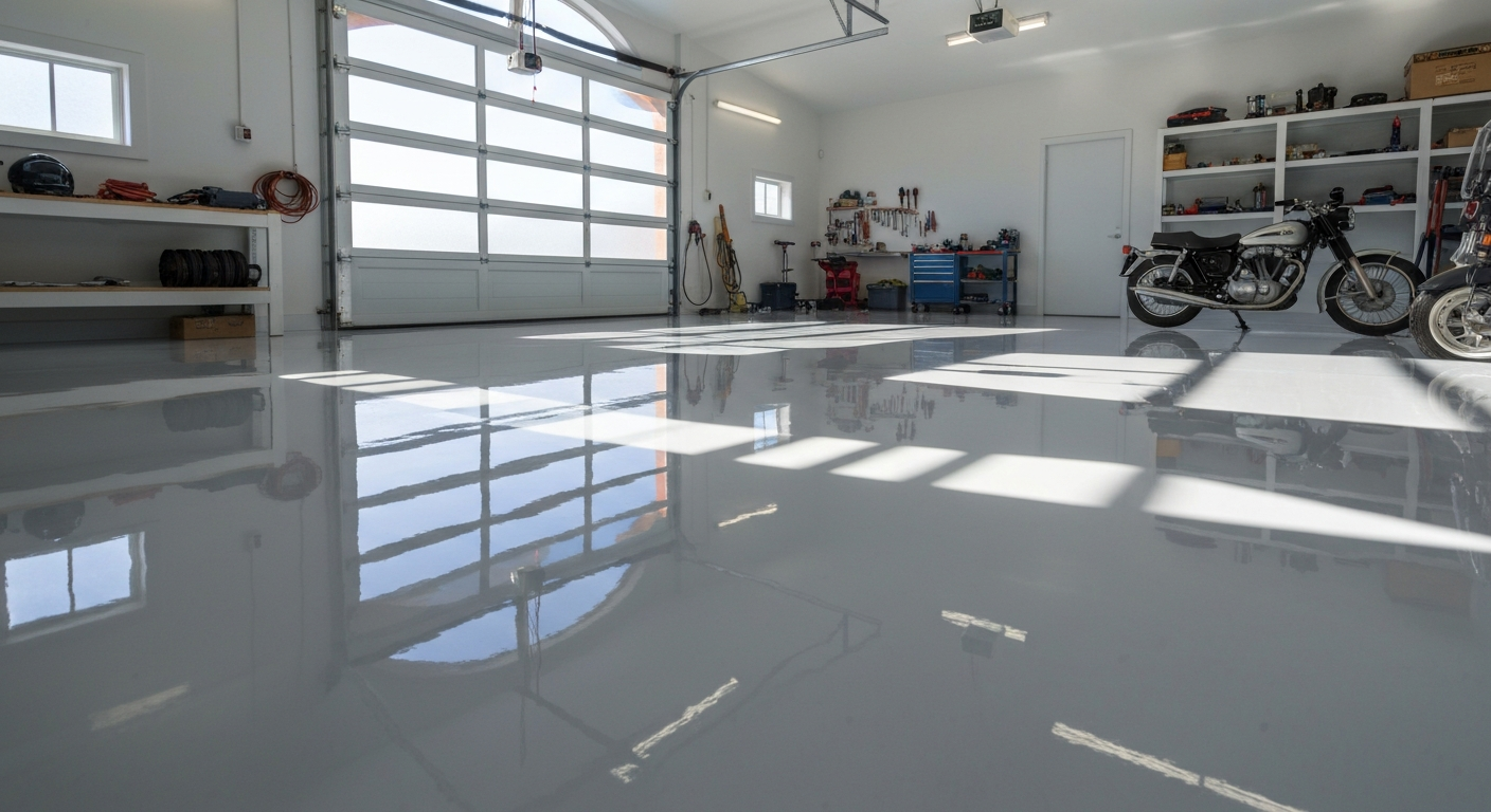 Sunlit garage interior with a pale-gray high-gloss coated floor and crisp light reflections