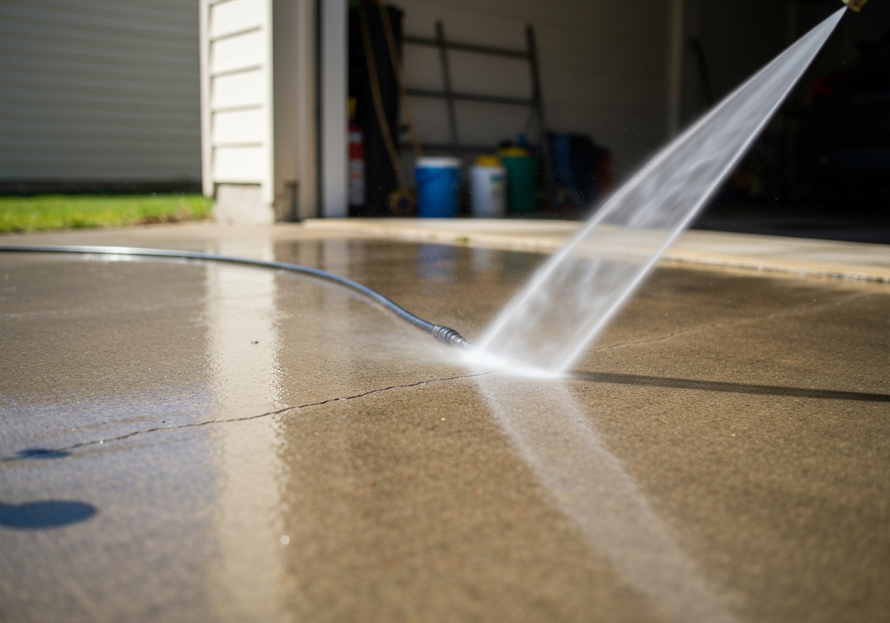 Pressure washer cleaning a garage apron