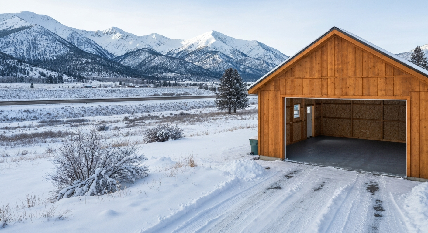 Photorealistic northern Montana rural town scene near the Canadian border -- a detached cabin garage or rural shop with a freshly coated gray flake floor visible through the open door, snow-capped mountains and US 93 corridor landscape in the background
