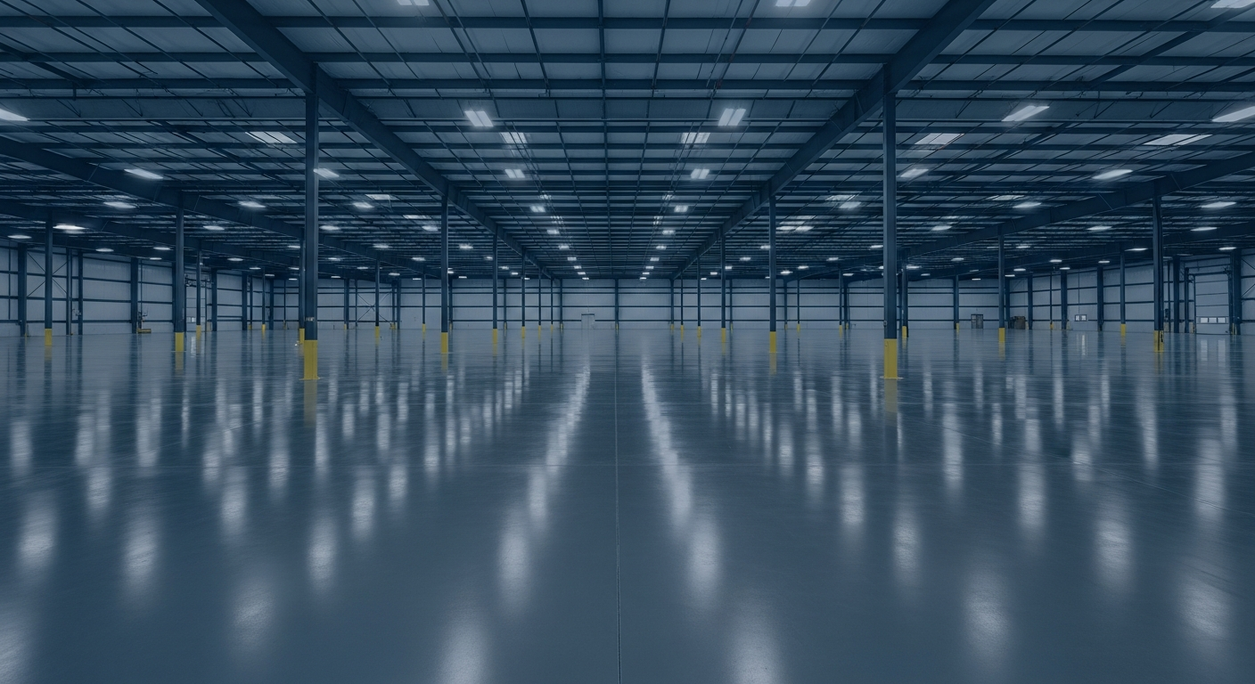 Large Montana commercial warehouse interior with a freshly applied gray polyaspartic coating