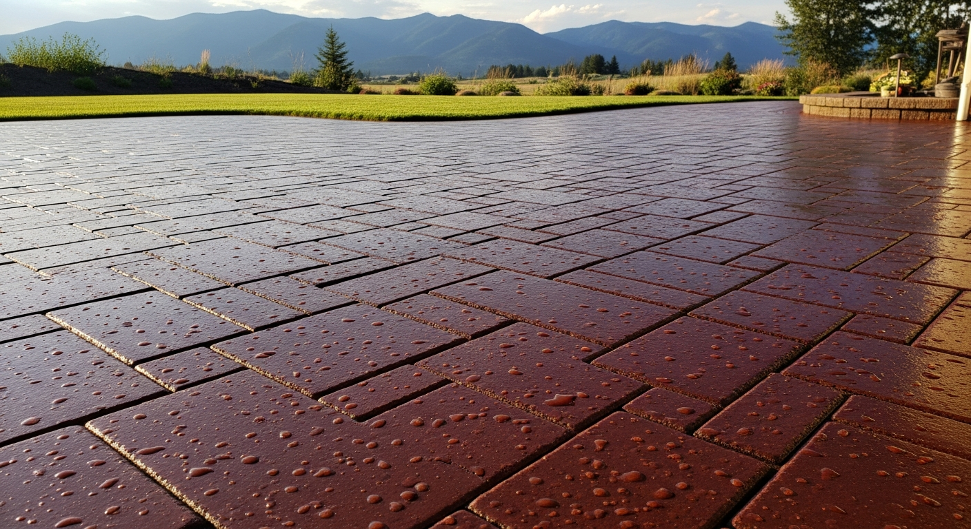 Freshly sealed wet-look paver patio in a Flathead Valley backyard