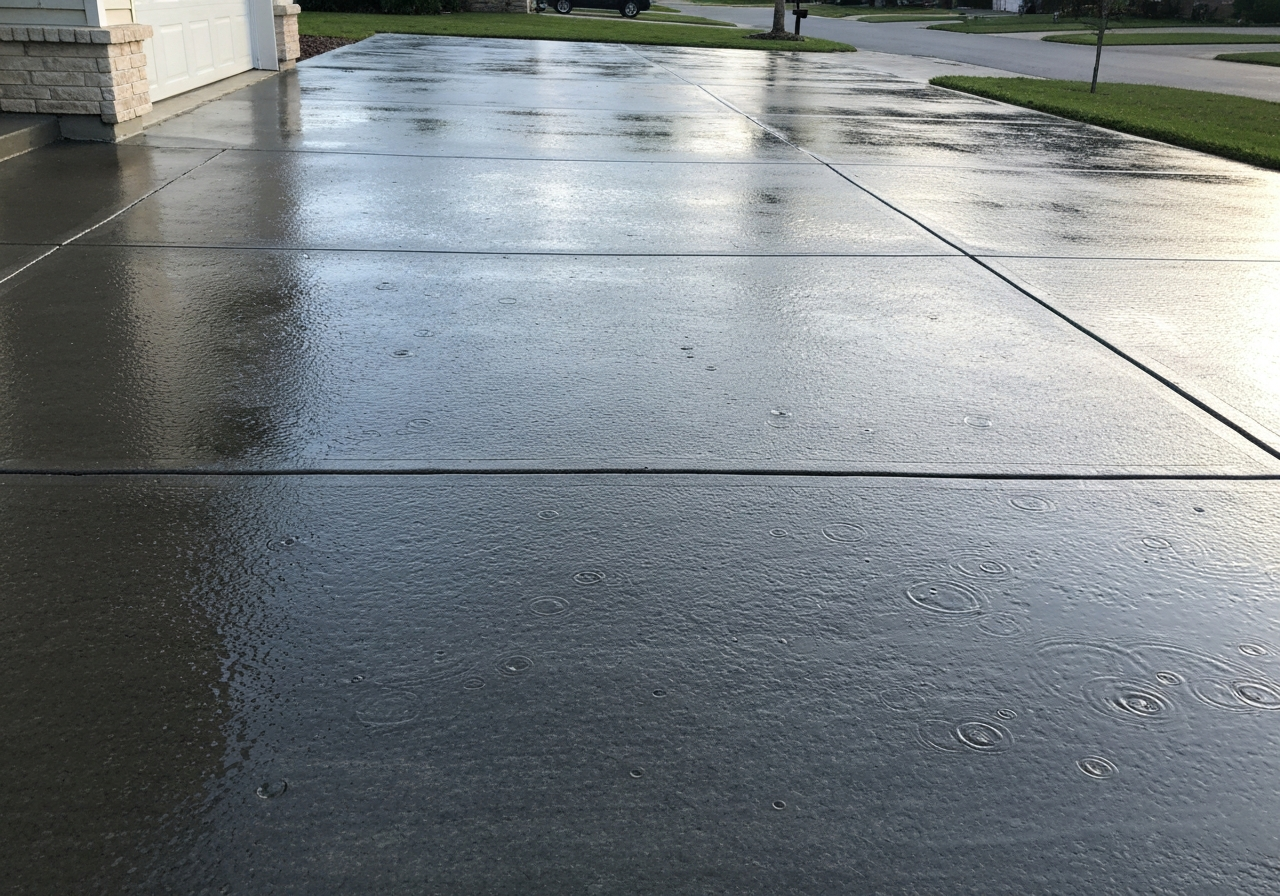 Sealed concrete driveway beading water