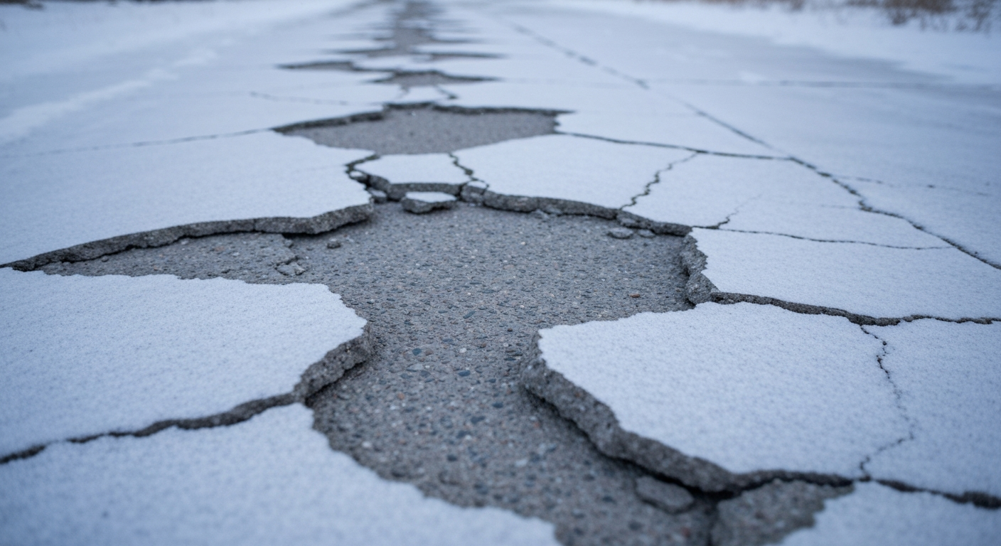 A spalling, flaking concrete driveway or slab surface in winter with exposed aggregate and light snow, Montana