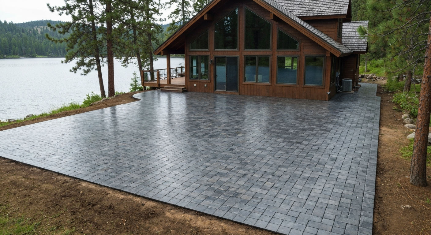 Paver patio at a Montana lake cabin freshly sealed
