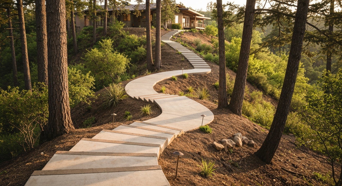 Switchback approach to a hillside home, sealed concrete pads and steps