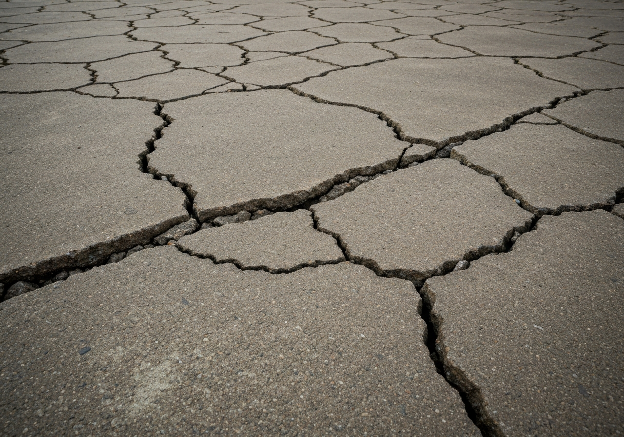 Cracked and heaved old concrete patio surface showing freeze thaw damage