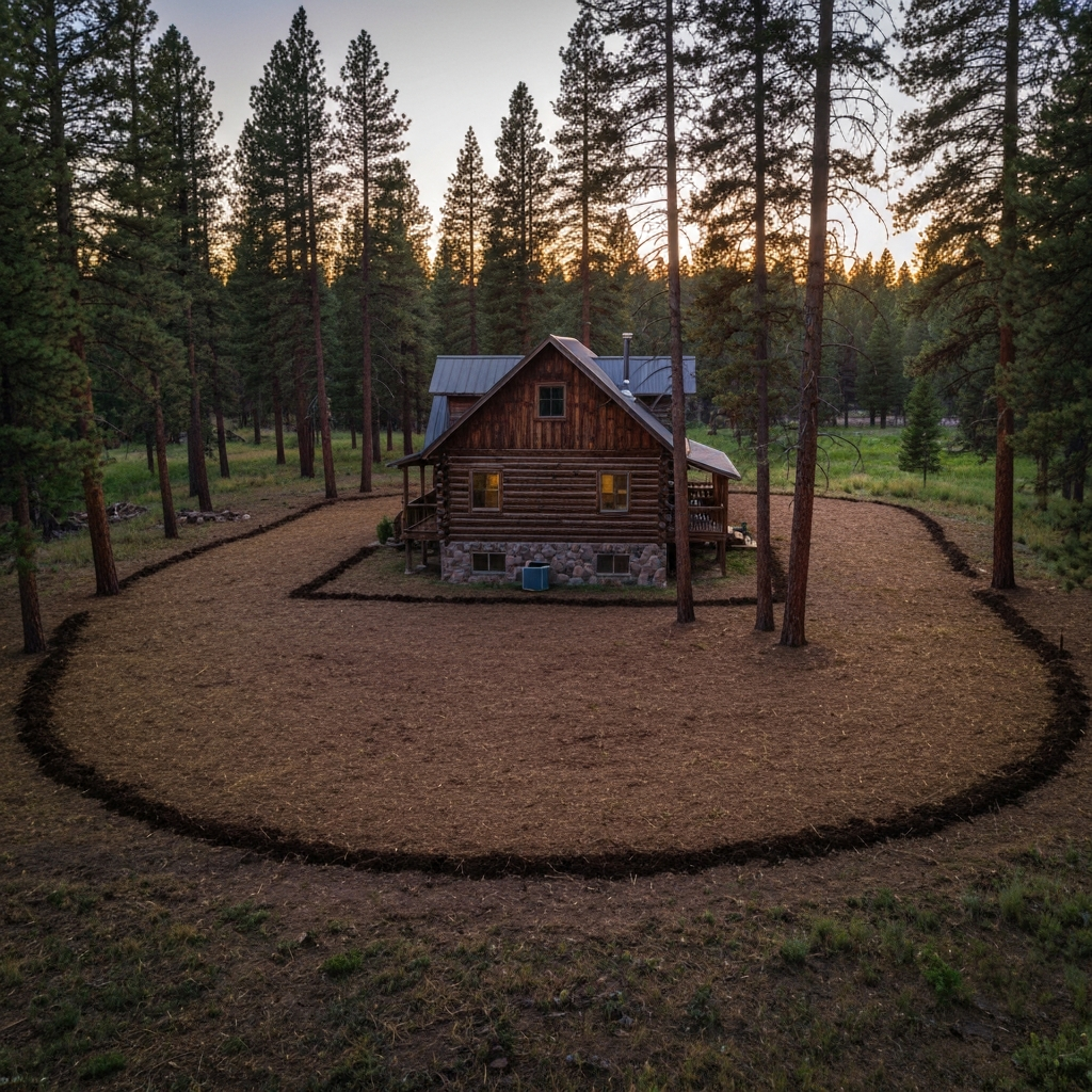 Freshly cleared defensible space around a rural Montana home in the woods at dusk