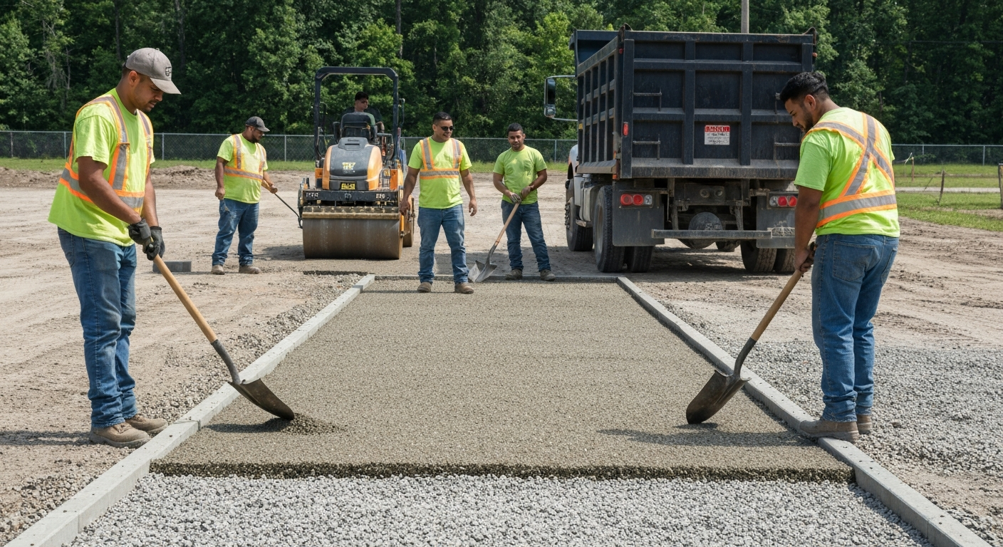 Crew building a paver walkway base with compacted aggregate in lifts