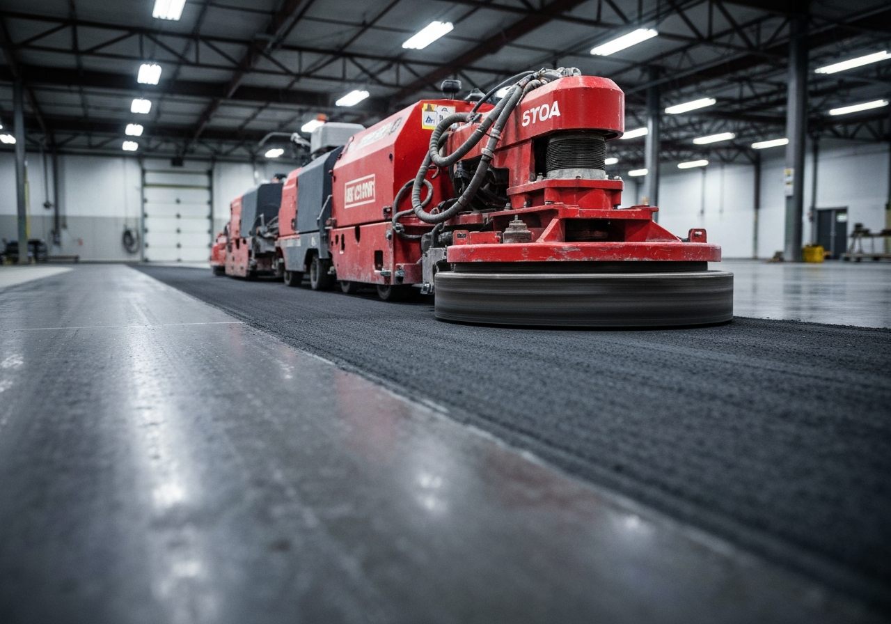 Industrial floor-grinding machine mid-pass on a commercial slab