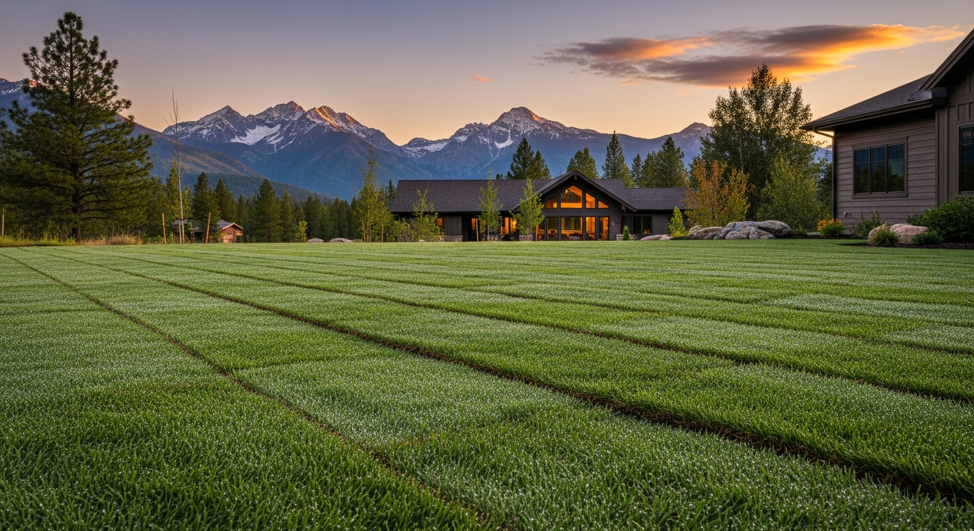 Freshly installed lush green sod lawn at a Flathead Valley home, crisp seams, mountains behind, twilight or sunset