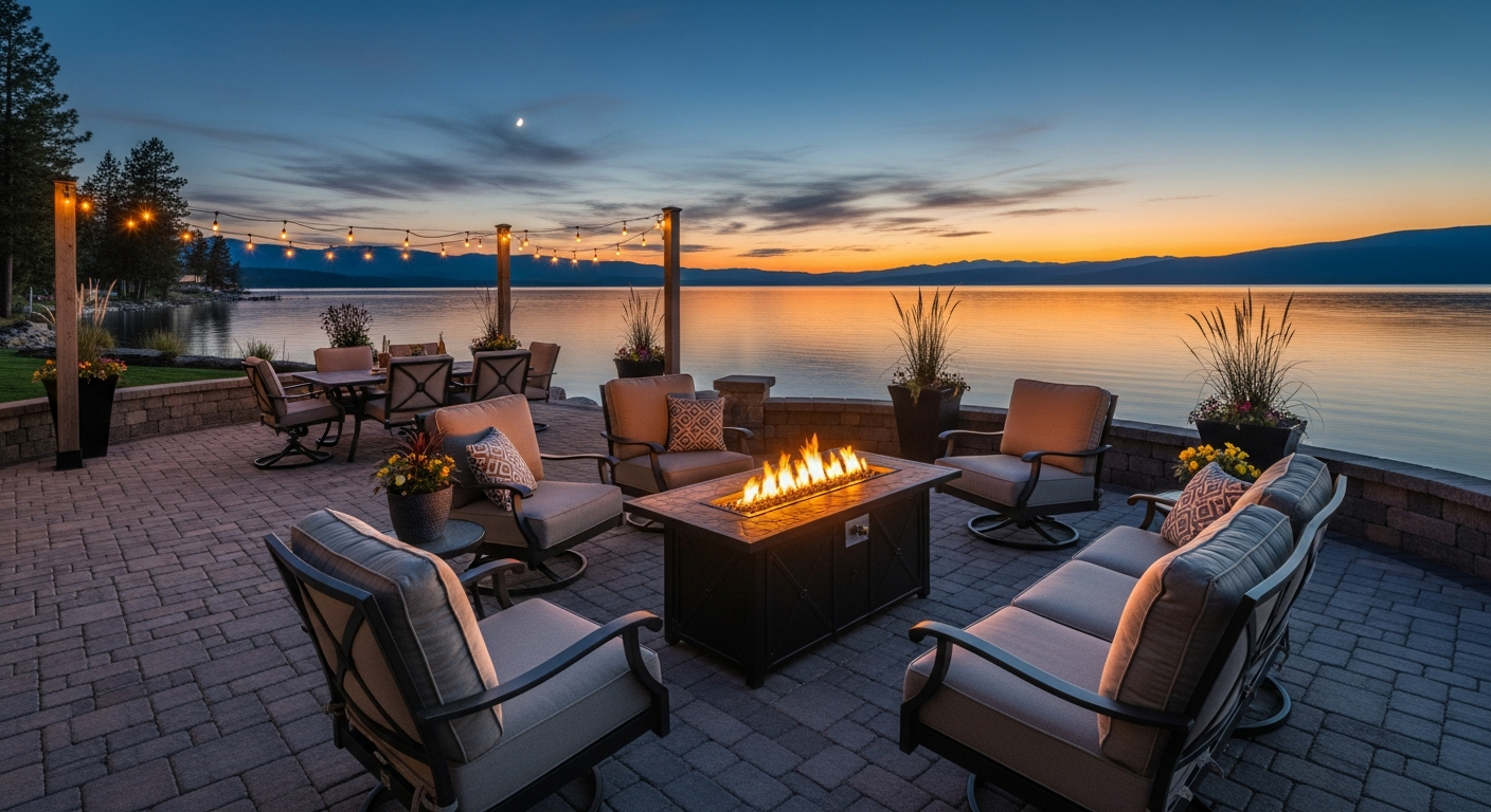 Lakeside paver patio at evening, Flathead Lake west shore visible