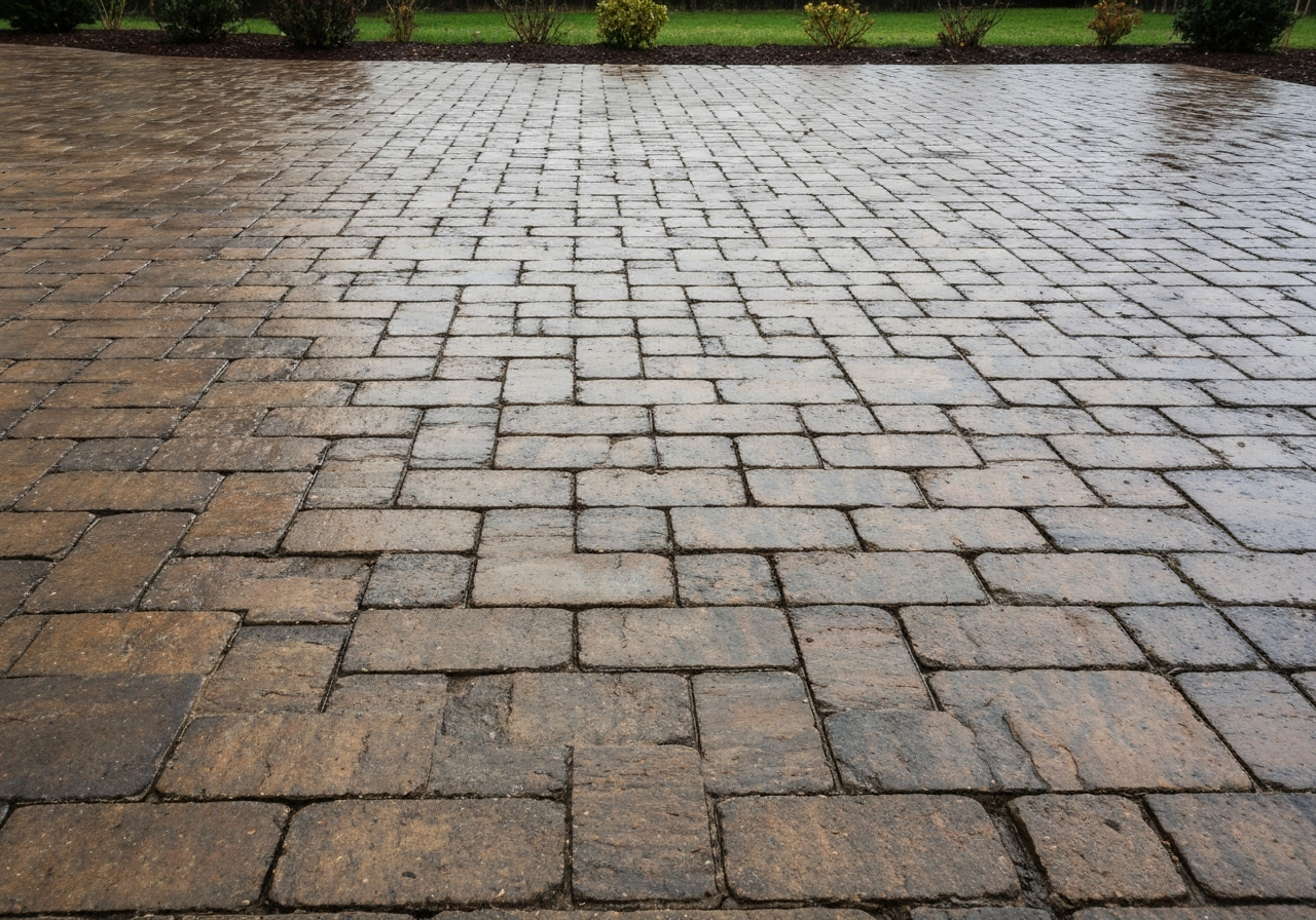 Paver patio with a rich wet-look sealer bringing out the stone color, joints stabilized