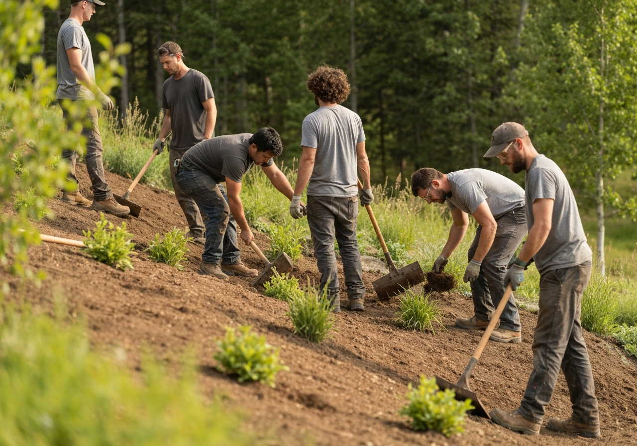 Landscaping crew grading and planting on a Whitefish mountain property