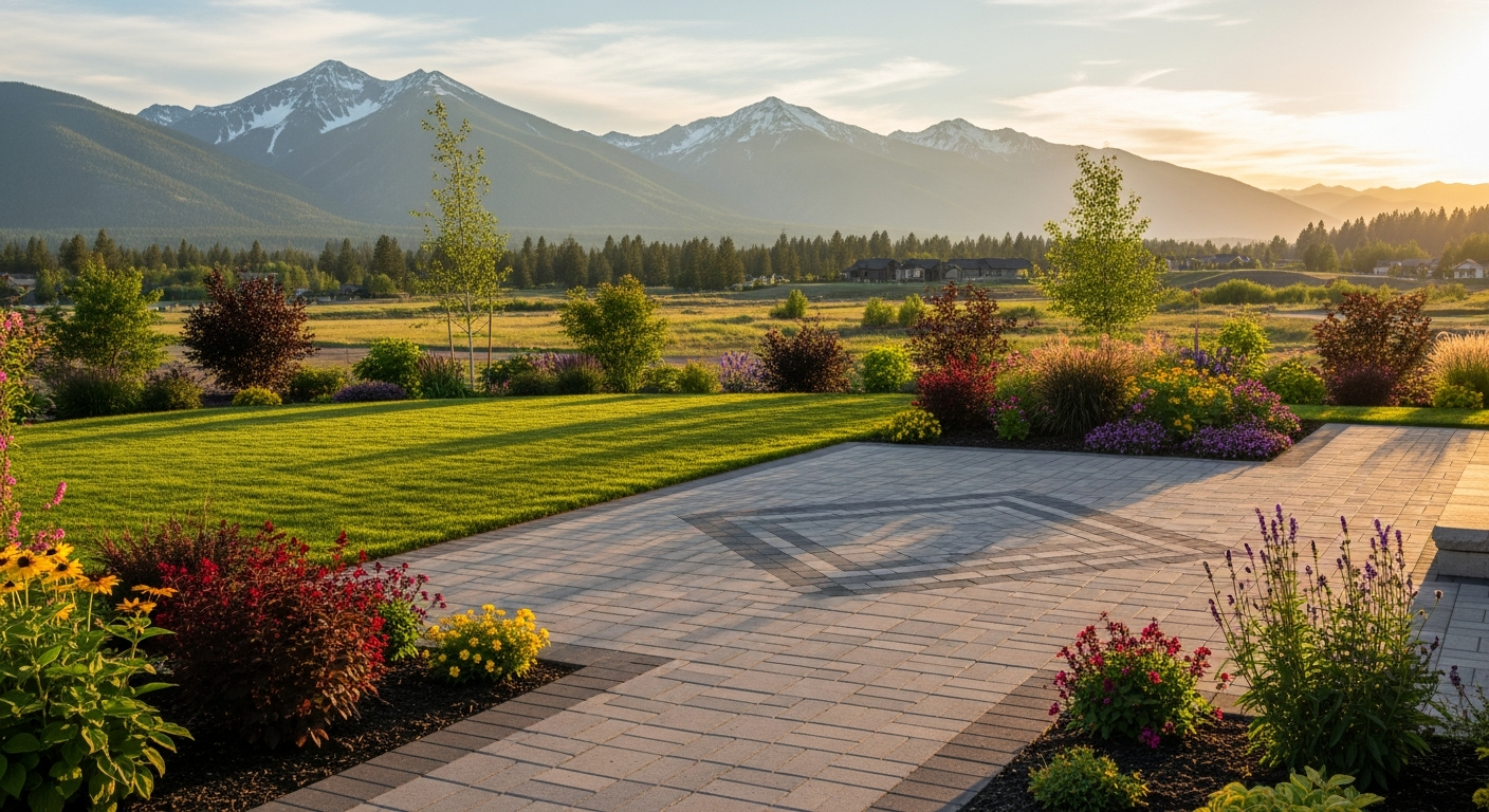 Finished Flathead Valley backyard with green sod lawn and paver patio against mountains