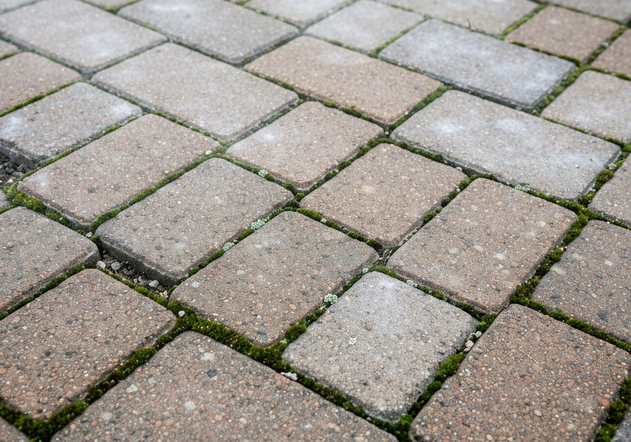 Close-up of a faded, weathered paver patio corner with washed-out sandless joints, moss creeping between pavers, and white efflorescence haze