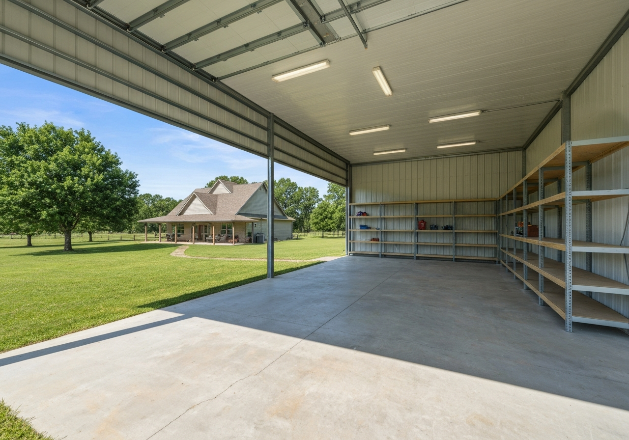 Rural acreage home with a clean coated detached shop floor, storage shelving along the wall