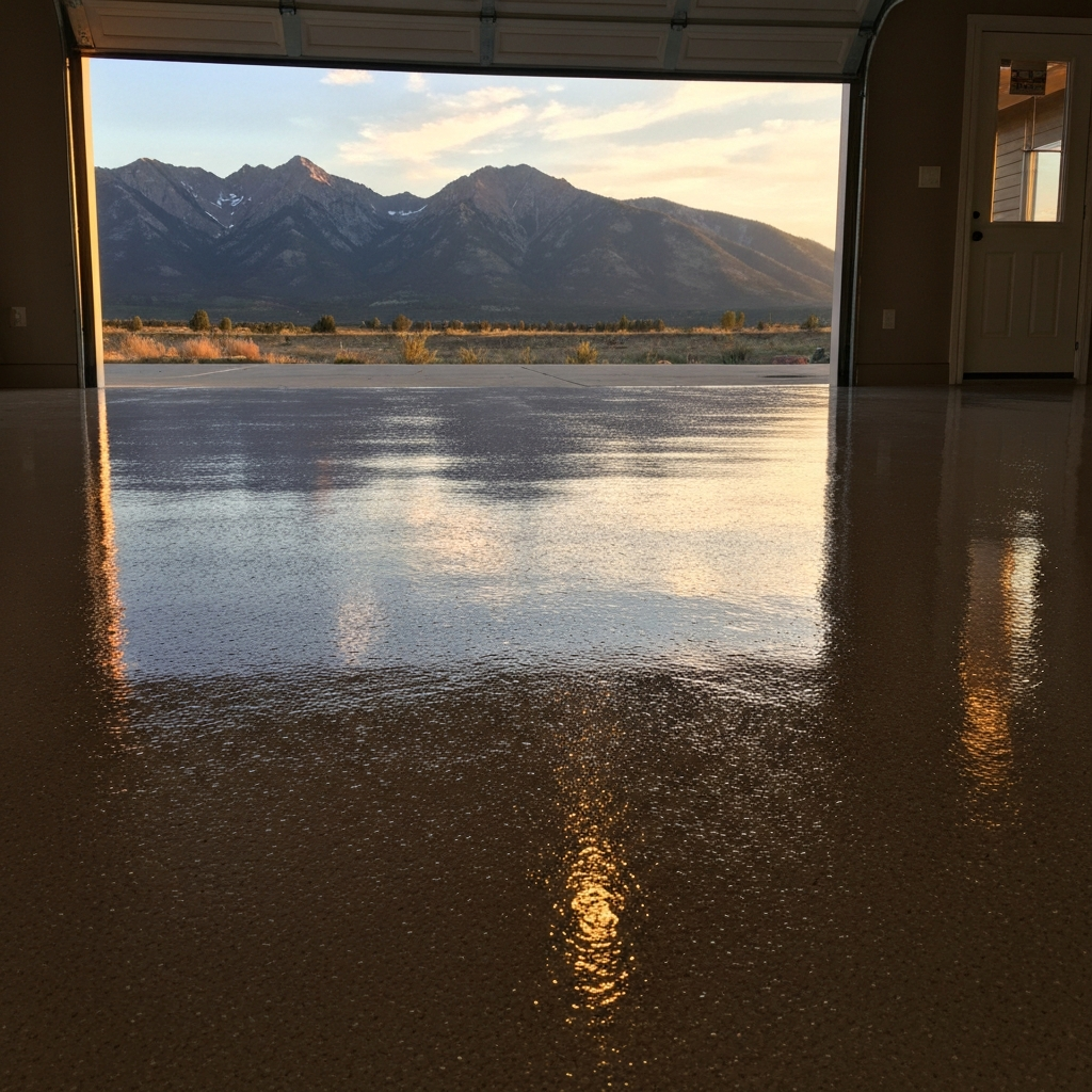 Professionally coated residential garage floor with a decorative flake finish