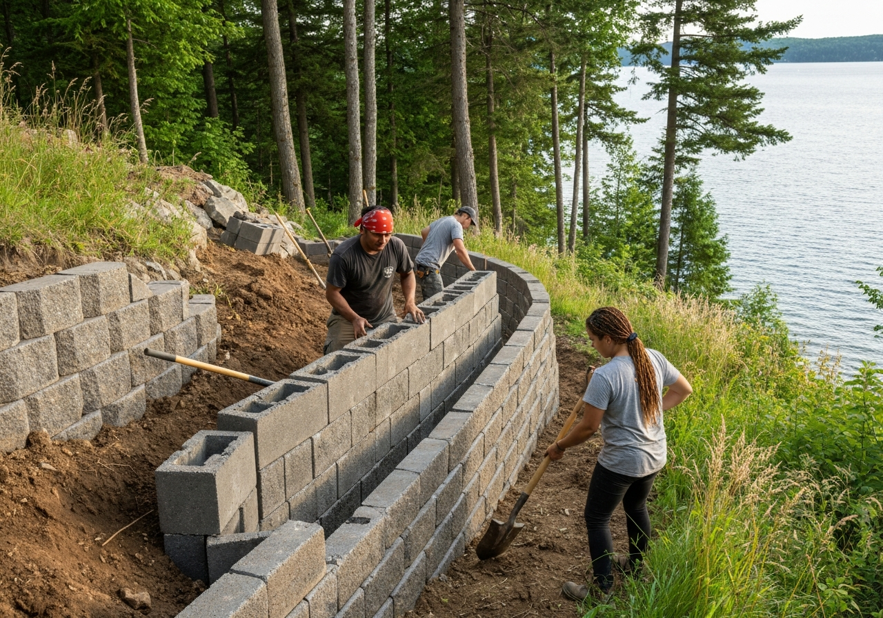 Crew installing retaining wall on a Bigfork hillside lake property