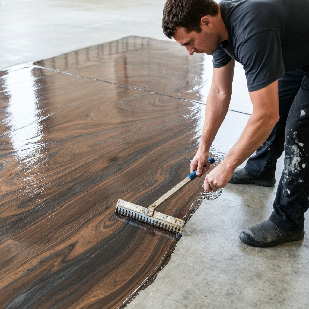 Installer pouring and spreading swirled bronze-and-charcoal metallic epoxy resin across a prepared floor