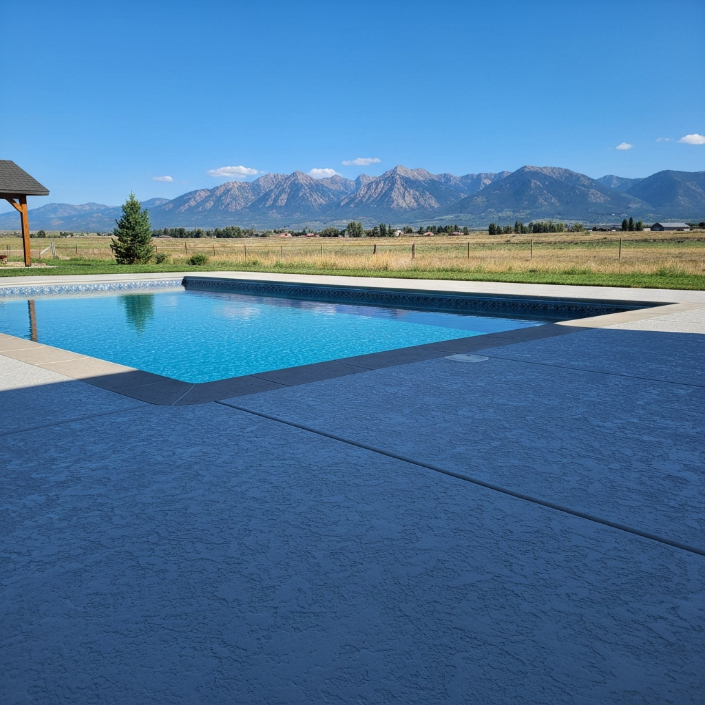 Photorealistic backyard pool with a freshly coated light-gray textured concrete deck, Montana mountains beyond