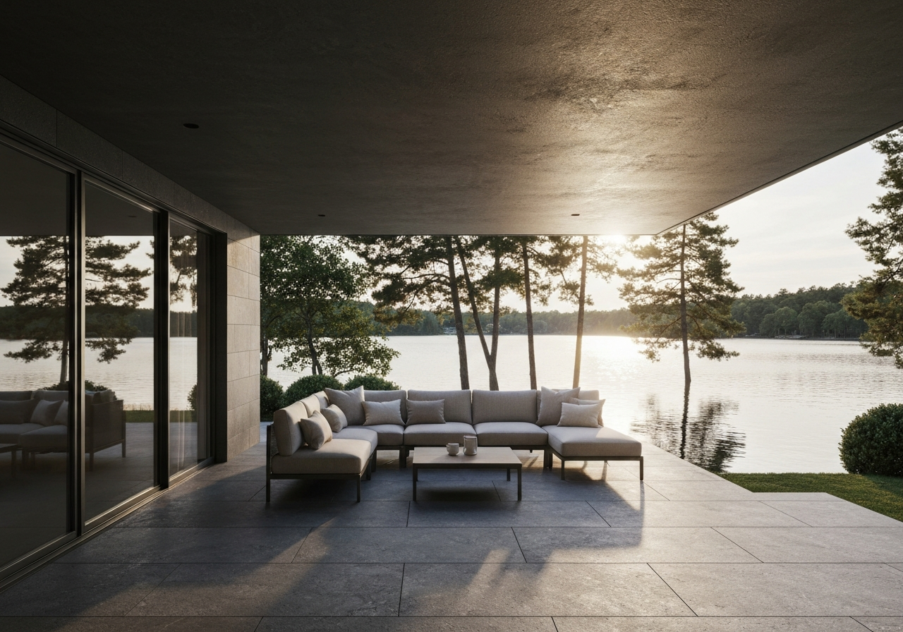 Coated lake-view patio with outdoor furniture