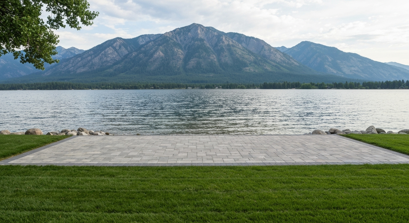 Polson, MT — existing paver patio near Flathead Lake south shore, sealed pavers, Mission Mountains in background