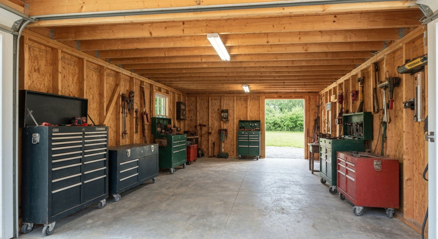 Outbuilding shop floor with tool chests