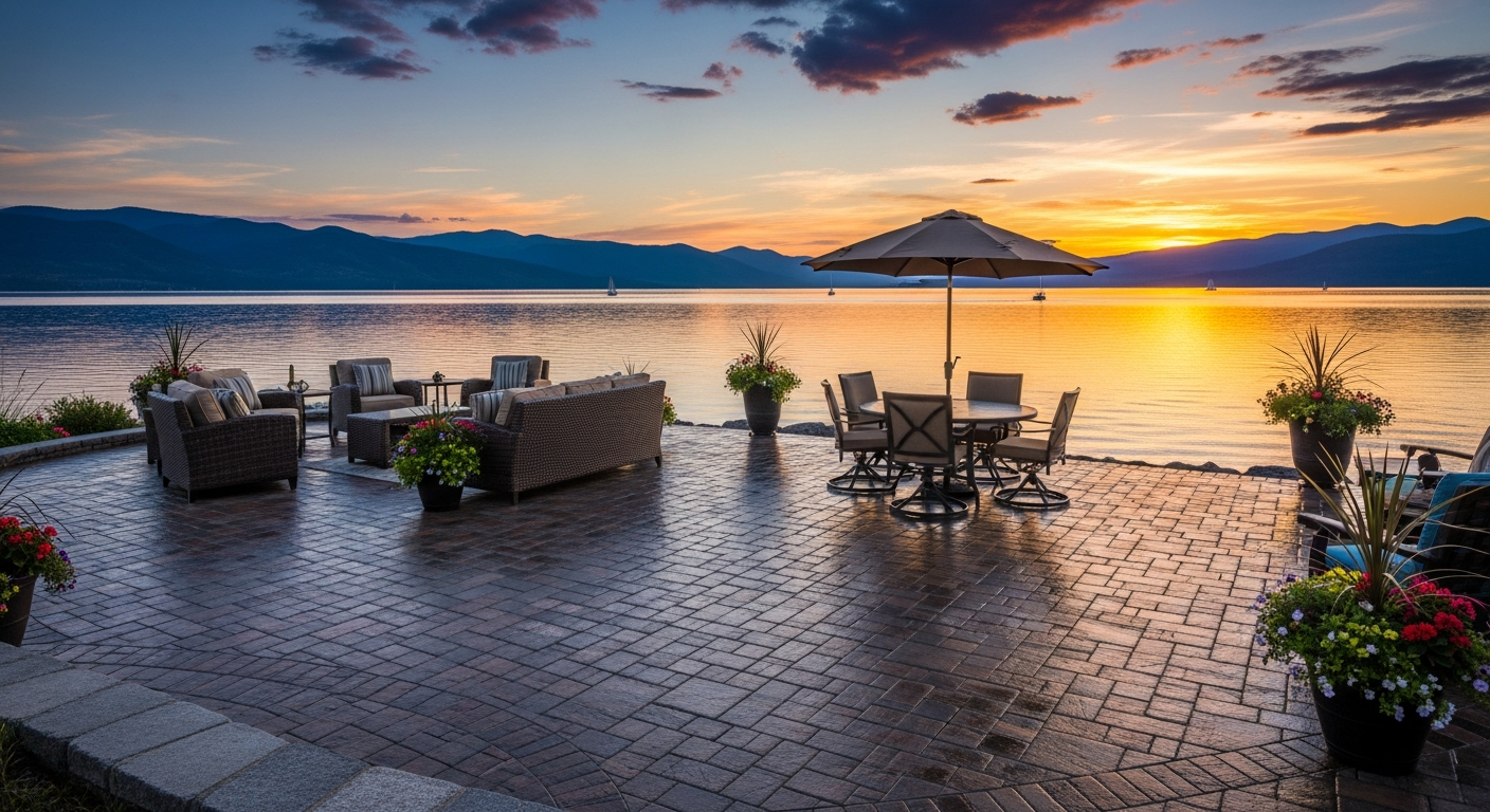 Lakeside, MT — existing paver patio on the west shore of Flathead Lake, sealed pavers, outdoor seating, lake view in the background
