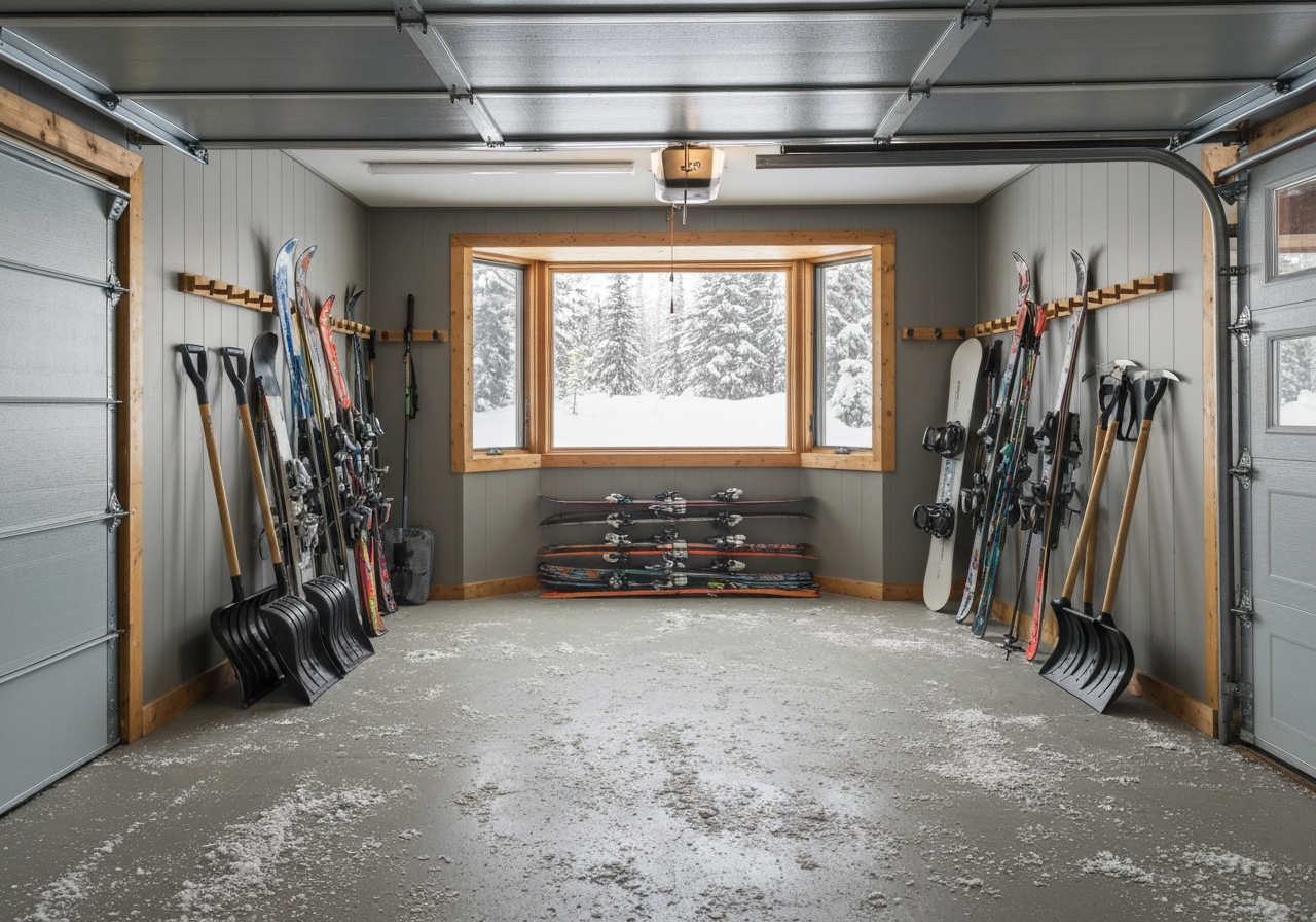 Cabin home garage with flake-coated floor and winter storage
