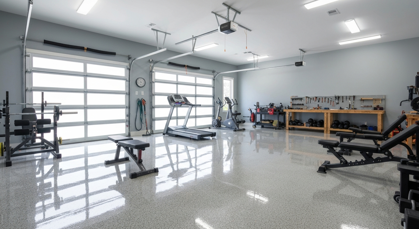 Bright finished garage used as a home gym and workshop with coated flake floor reflecting light