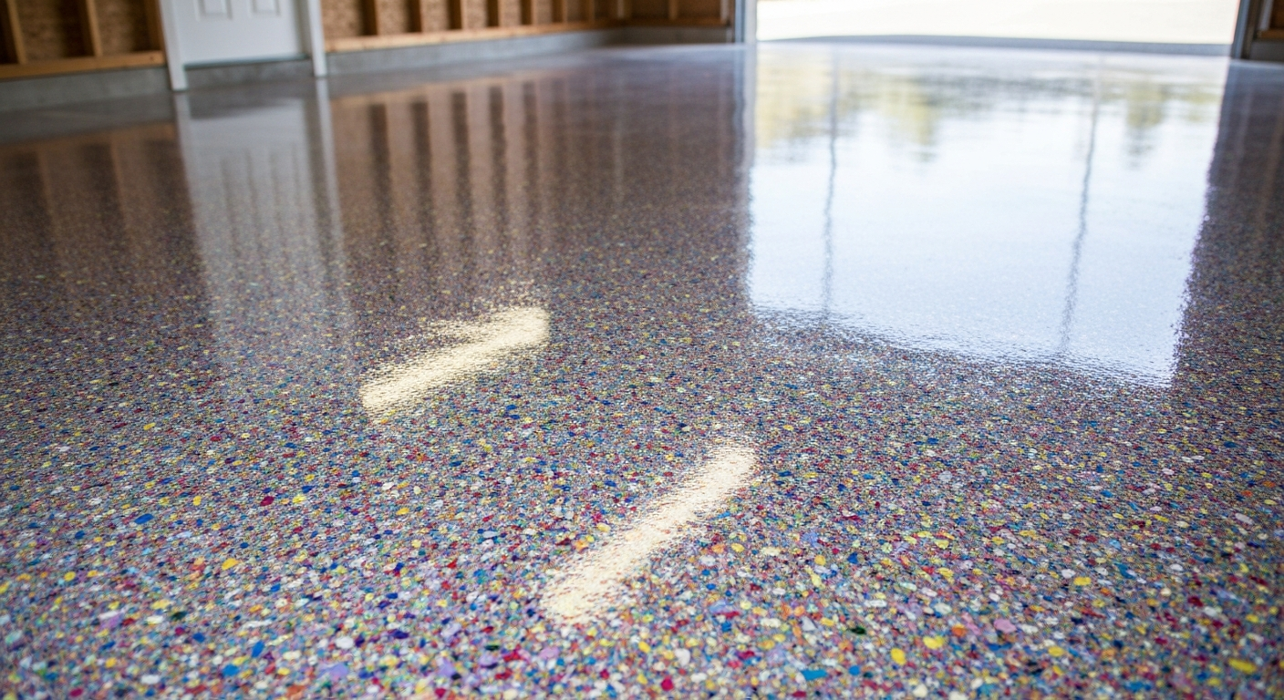 Finished glossy flake garage floor in Northwest Montana