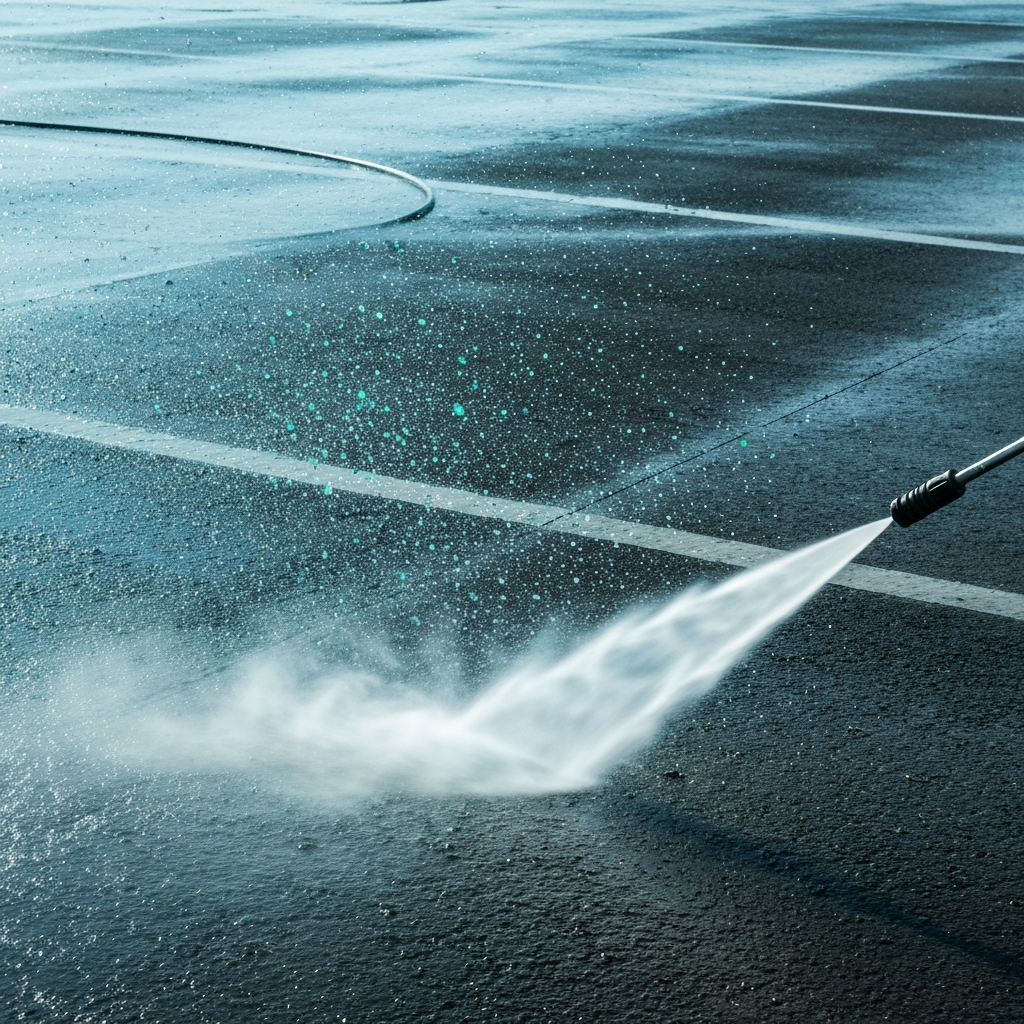 Pressure washer cleaning a concrete equipment pad with heavy ag grime