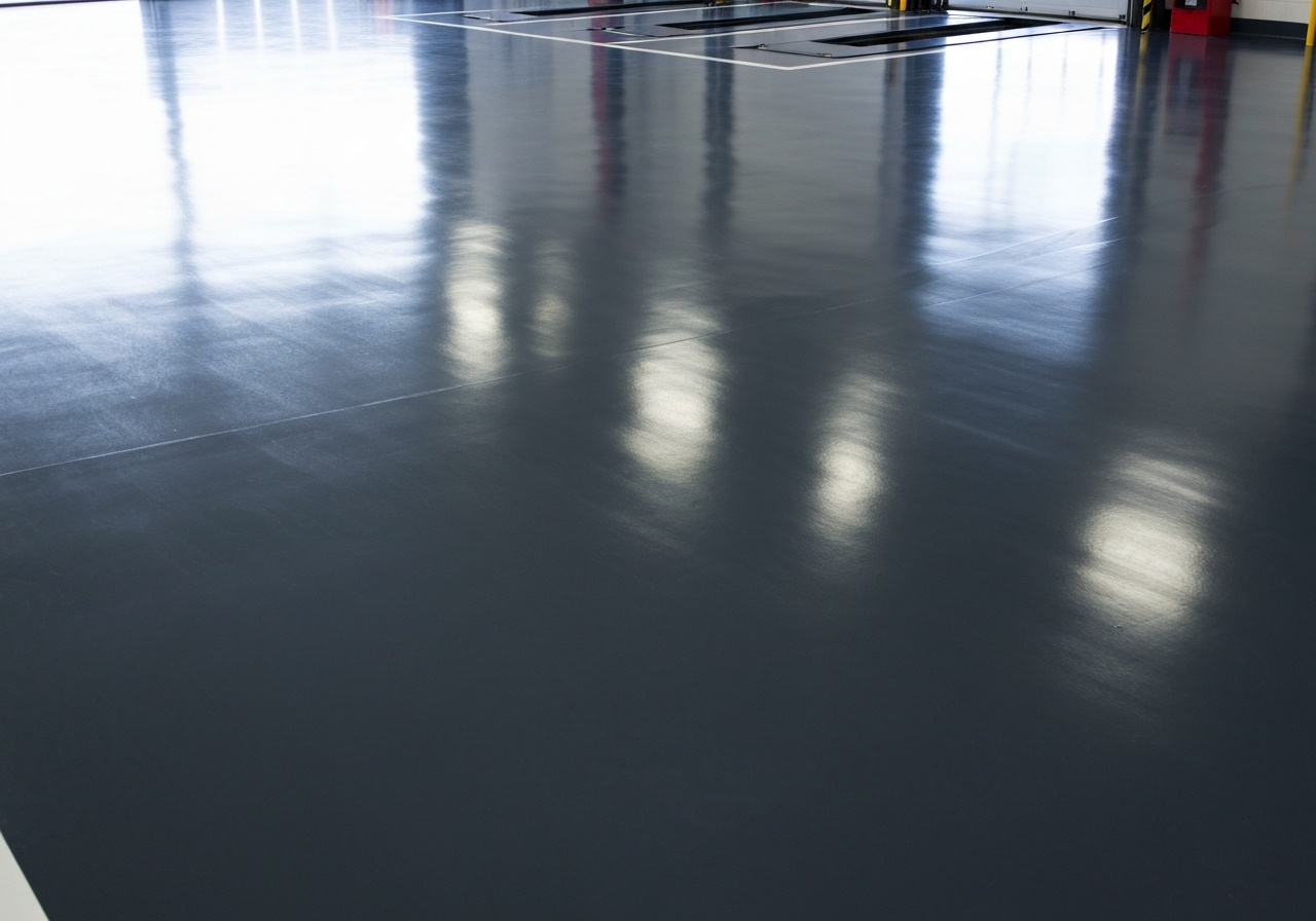Clean service-bay floor that resists oil and tire marks